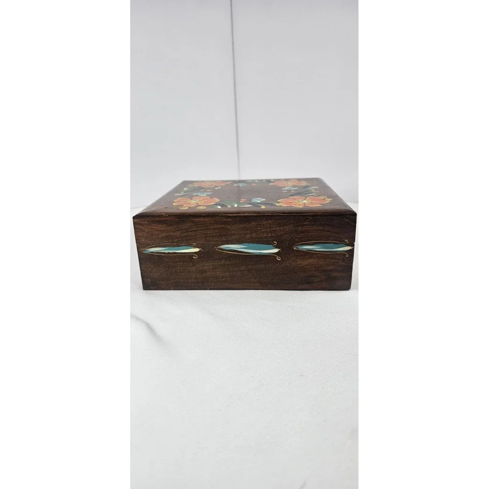 Vintage Hand Painted Wood Trinket Box Floral Folk Art Jewelry Box Hinged Lid